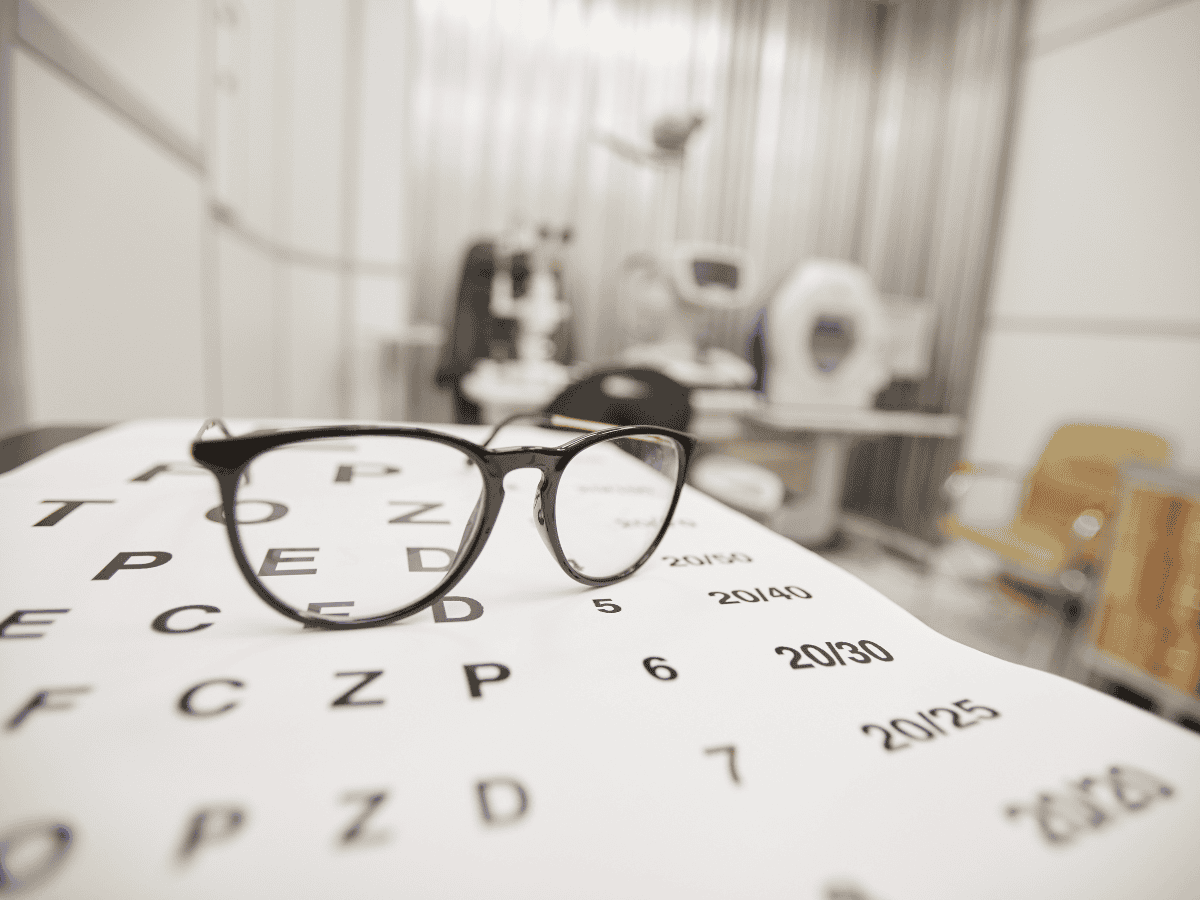 Close-up image of glasses placed on an eye chart, symbolizing the importance of eye exams and vision health.